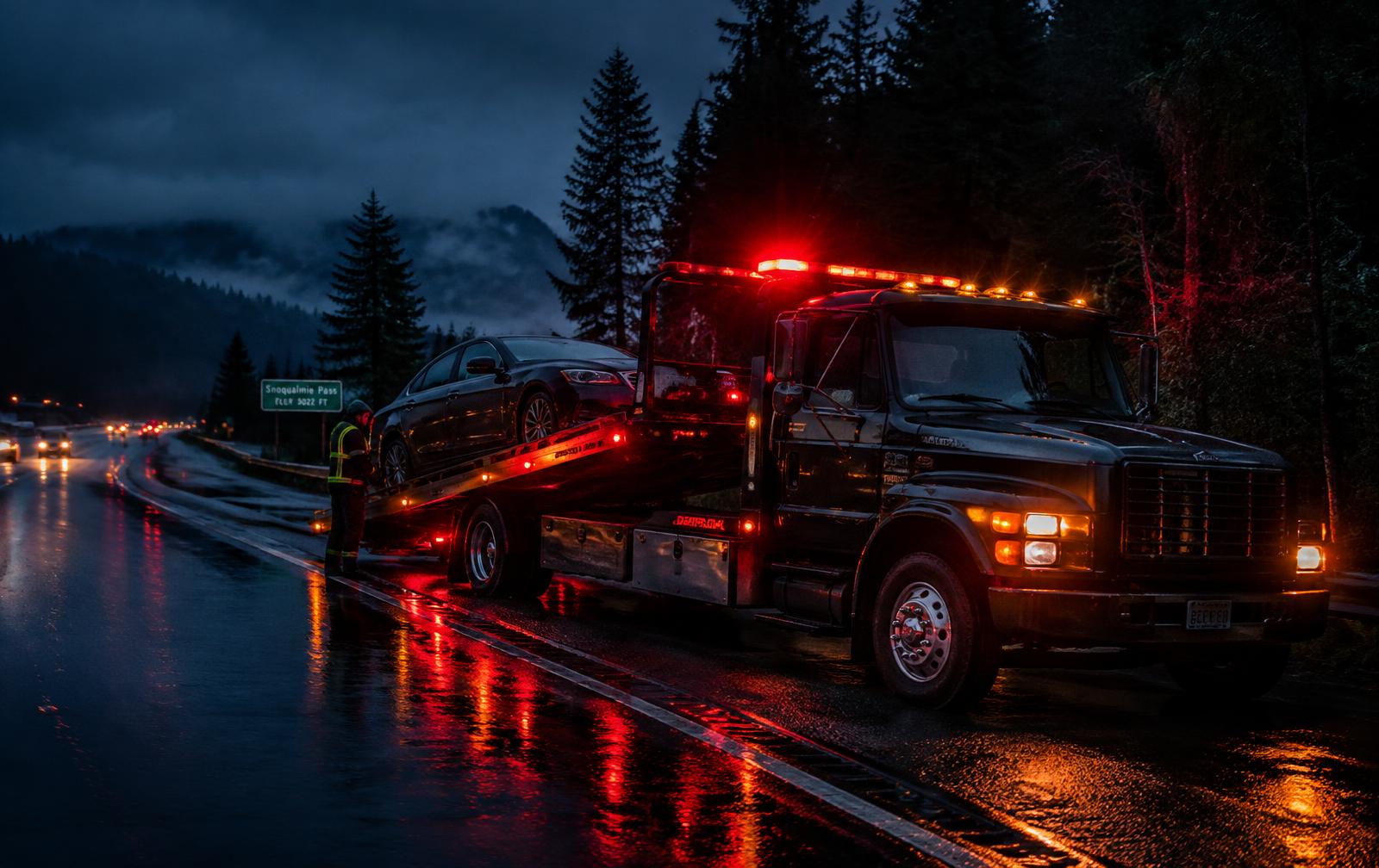 Good Samaritan tow truck loading a car at night